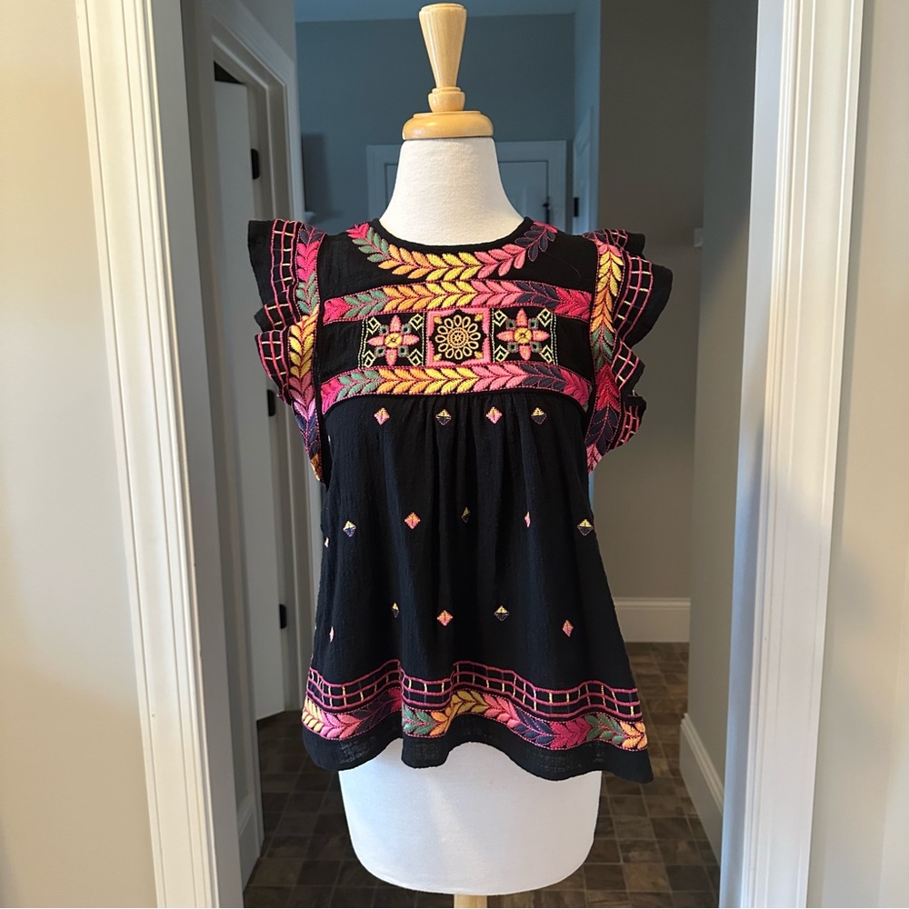 Black colorful embroidered top